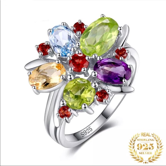 Flower Ring With Garnet, Amethyst, Blue Topaz, Peridot and  Natural amethyst topaz citrine garnet and period flower shape ring